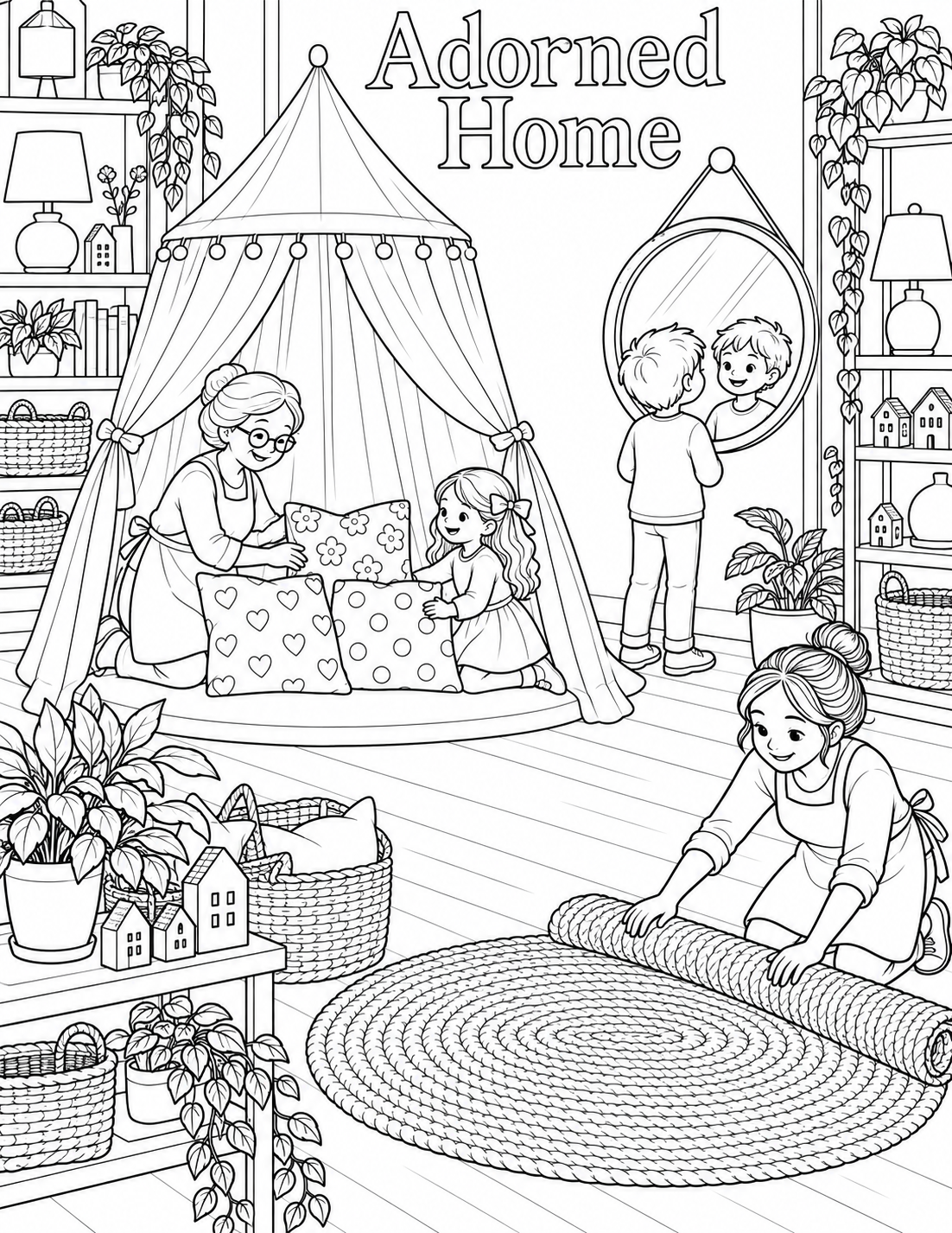 A family arranges pillows, a canopy, a mirror, and a woven rug into a playful shop reading nook.