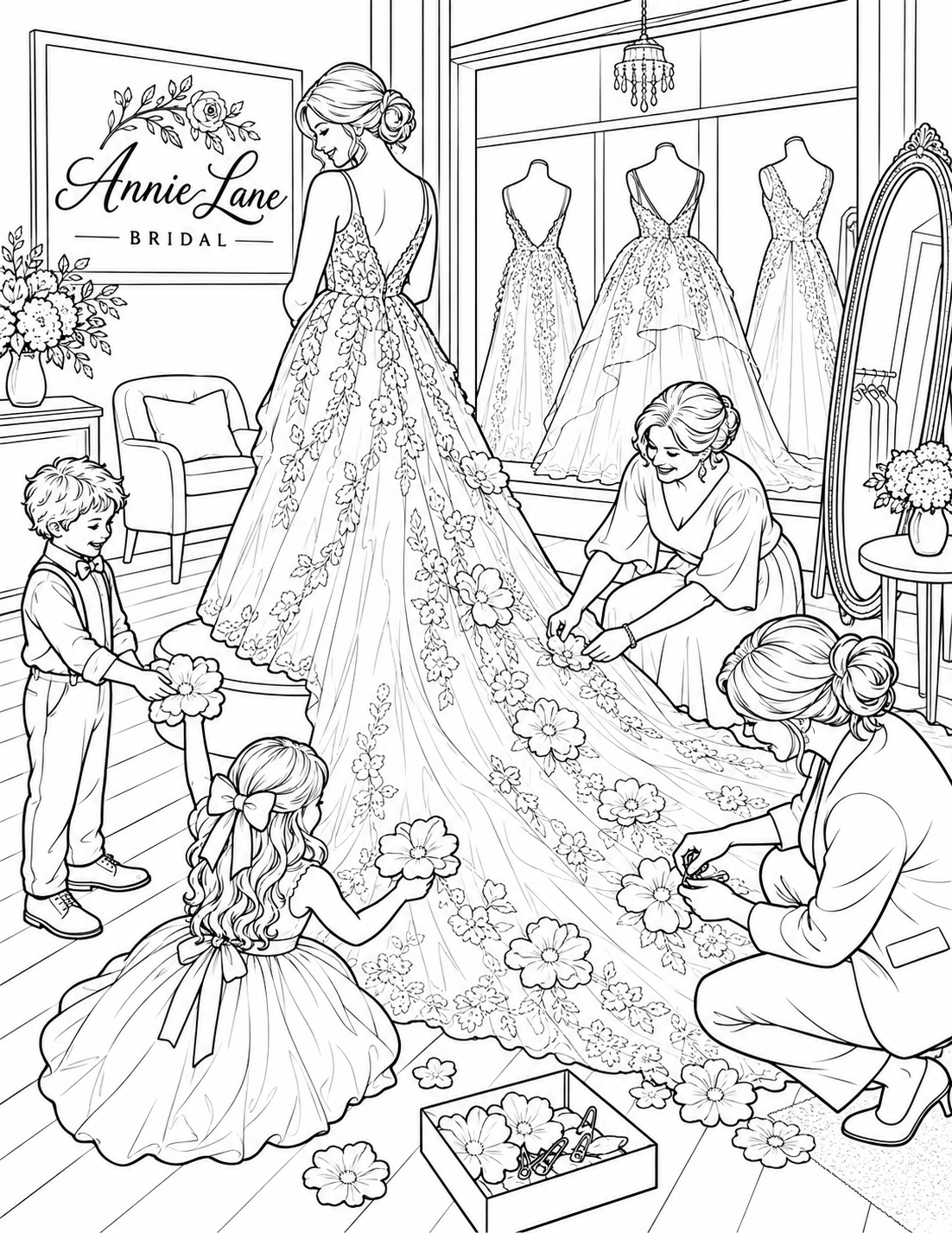 Children help a bride arrange a long floral dress train through an imaginative bridal-shop scene.