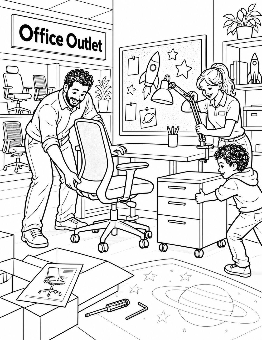 A family uses office chairs, desks, paper plans, and tape to build a playful workspace layout.
