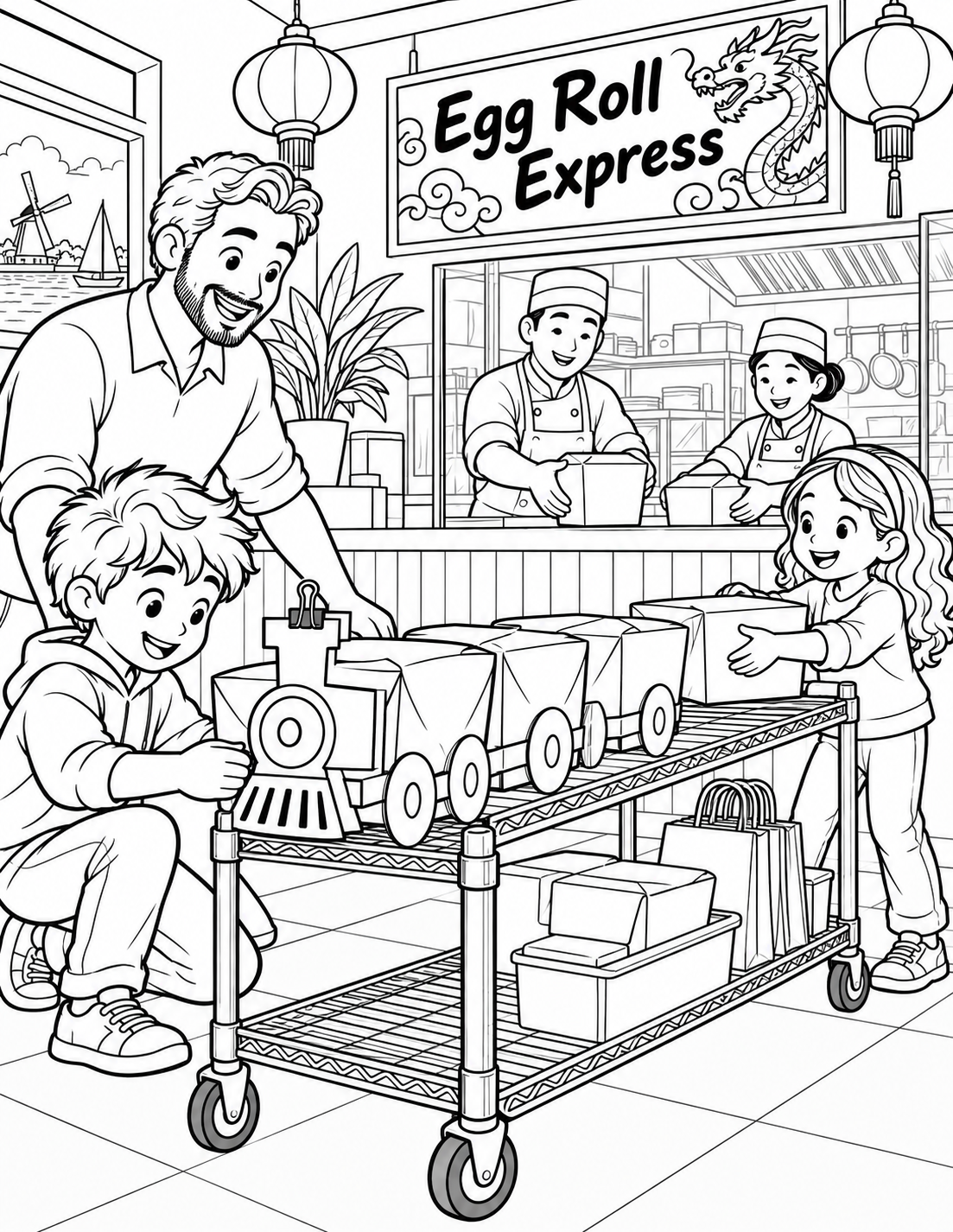Children and adults arrange egg rolls into a playful tabletop train at the restaurant.