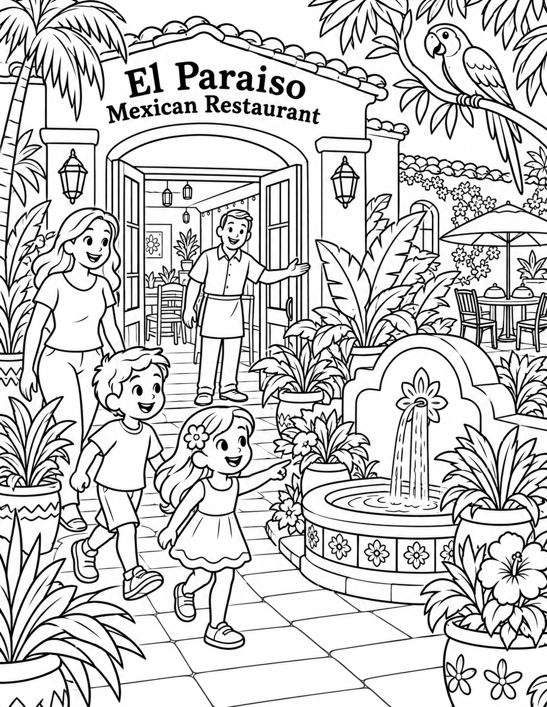 Children explore a tropical courtyard fountain while the restaurant host welcomes the family.
