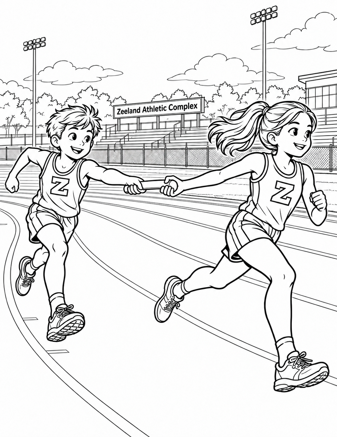 Two runners complete a connected baton handoff on the curved track with no unreliable goal structure.