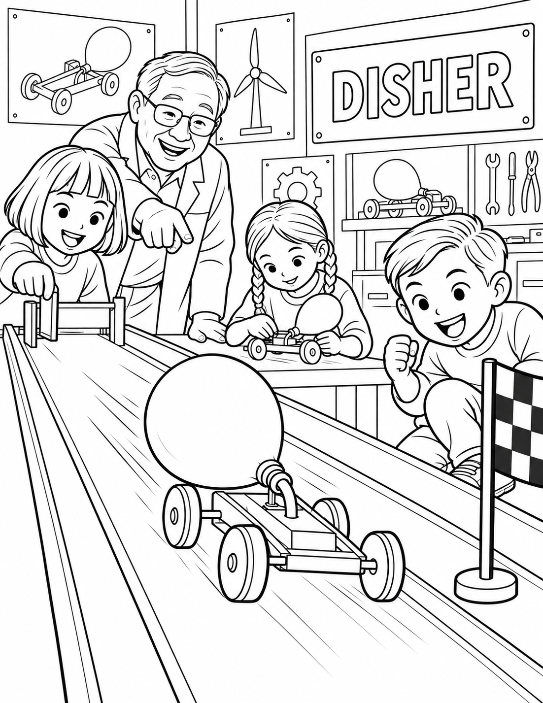 Young makers launch a balloon-powered car across a finish line with an engineer guiding the experiment.
