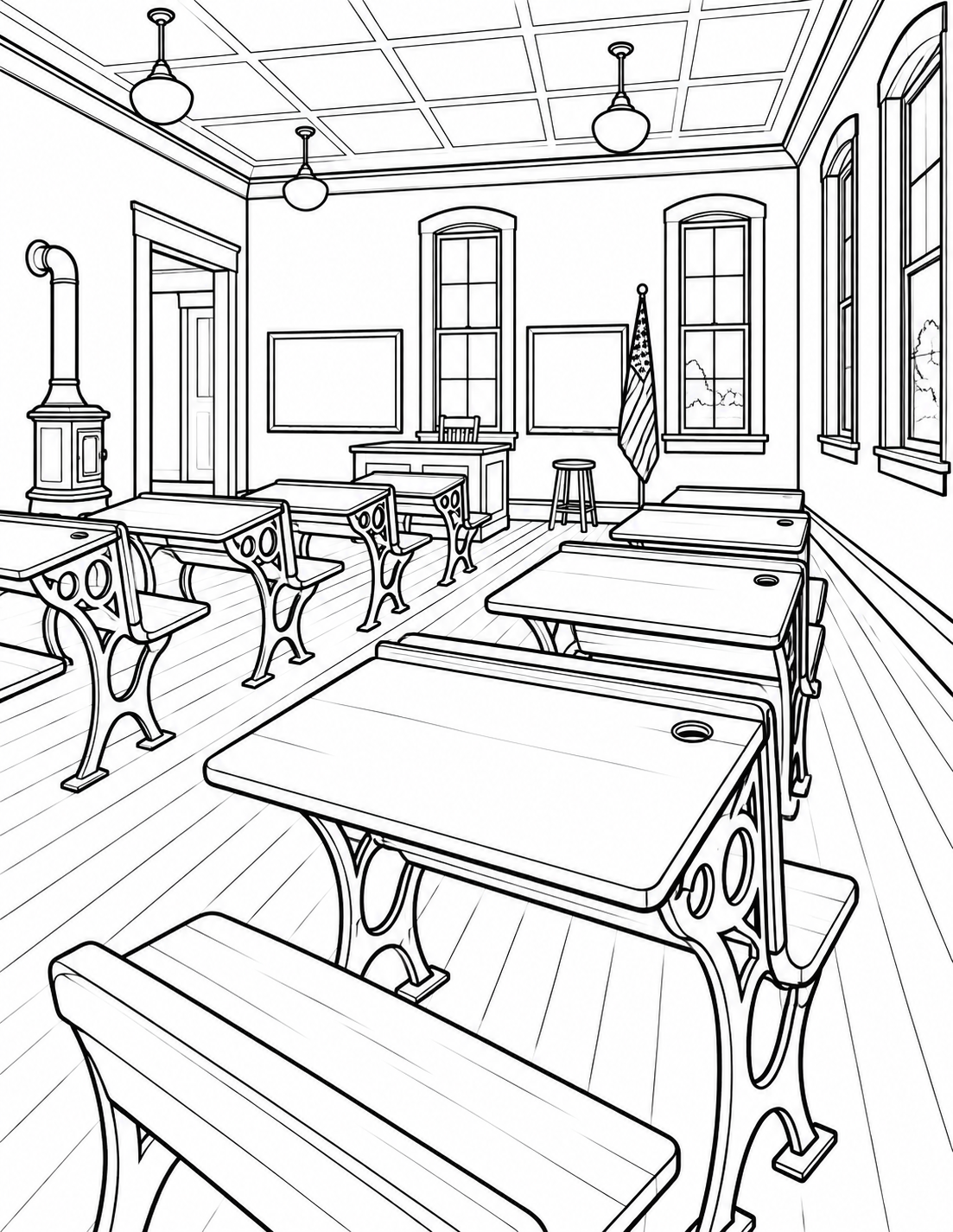 Make a recognizable view inside the restored New Groningen Schoolhouse. Use the photograph's coherent room arrangement: warm wood desks with curved cast-metal supports in rows, tall wood-framed windows on the right, simple pendant lights, and the teaching area toward the far wall. Let one large foreground desk and its connected bench dominate the lower portrait, with two more desks receding toward a tall window. Preserve the seated direction, desktop slope, inkwell opening, floor contact and window proportions. Simplify the ornate metal supports and patterned ceiling enough to keep clear coloring areas; retain only a few broad ceiling-panel outlines. This is the restored museum classroom shown by the source, not an invented historical lesson. Omit the dunce cap, wall text and tiny display artifacts. No pupils, captions, worksheets or writing on the board.