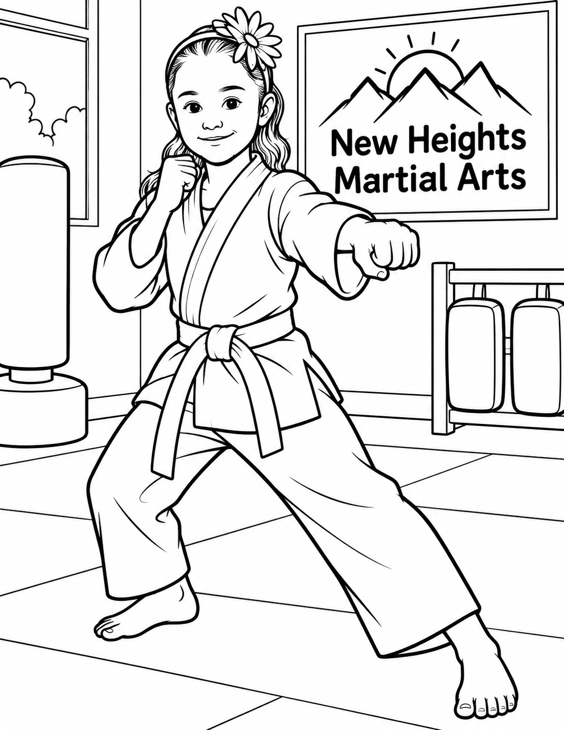 A student performs one age-appropriate supported martial-arts stance, with a clear planted foot and correct joint direction; use a coherent action reference.