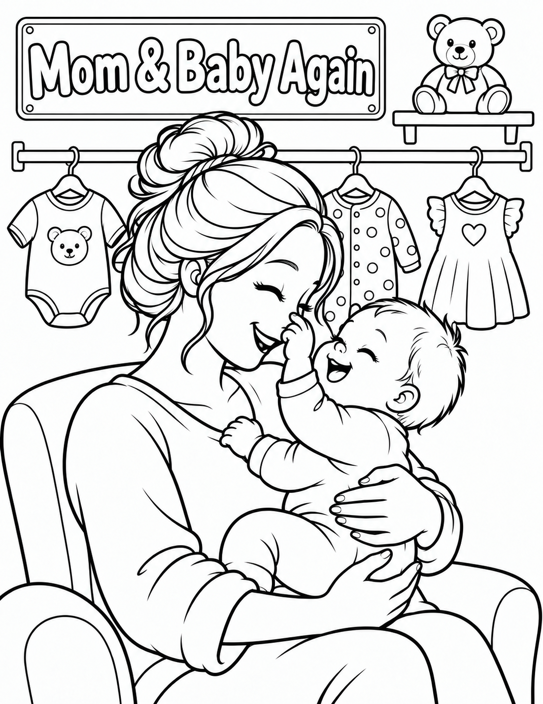 Mother laughs as her baby gently grabs her nose in a baby resale shop; shelf and garments repaired.