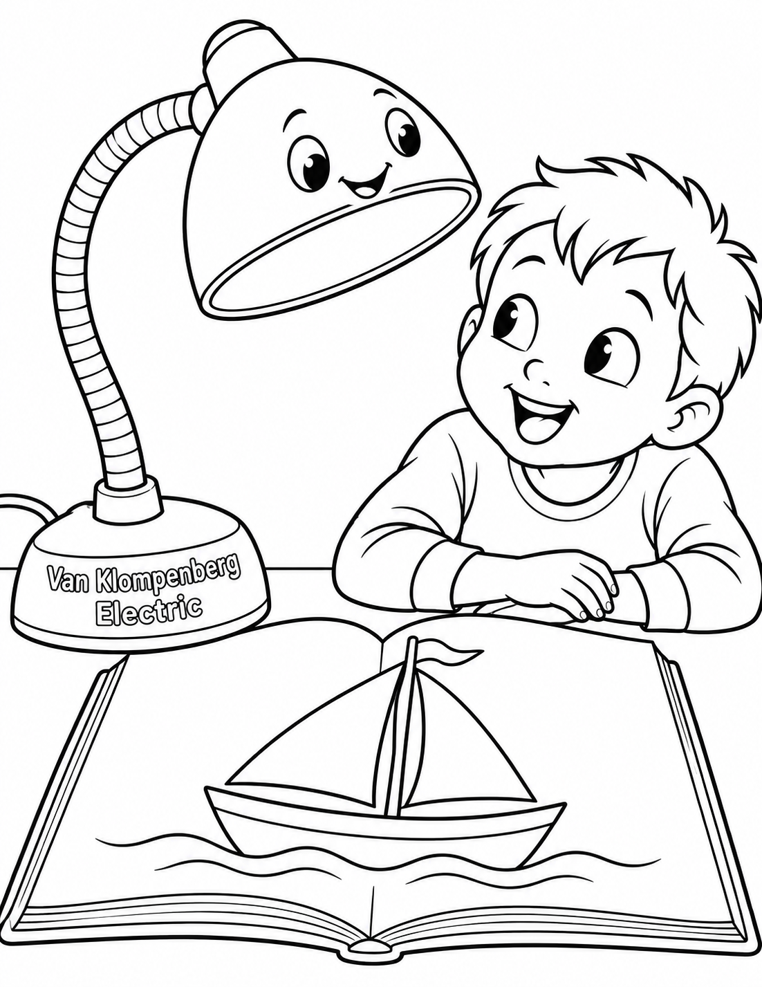 A curious gooseneck desk lamp bends down to read a picture book alongside a delighted child.