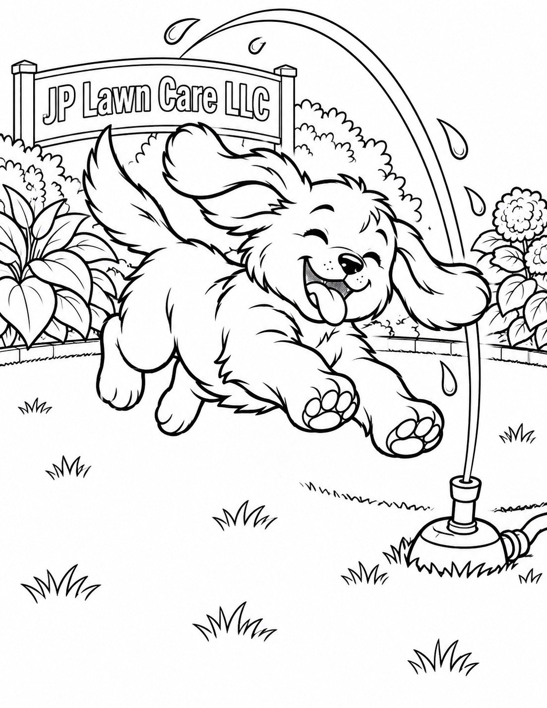 A floppy-eared puppy leaps gleefully through one sprinkler arc over a freshly mown yard.