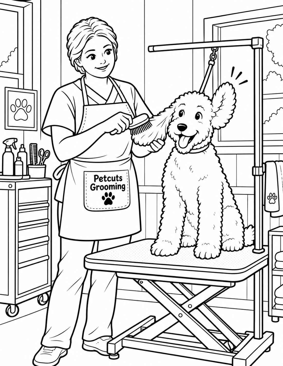 A groomer gently brushes a dog's long ear while the other ear lifts in surprise; hands, brush and dog are the clear focus. Intentionally use the selected older groomer from reference 1 for broad age, short-hair silhouette and working posture only.