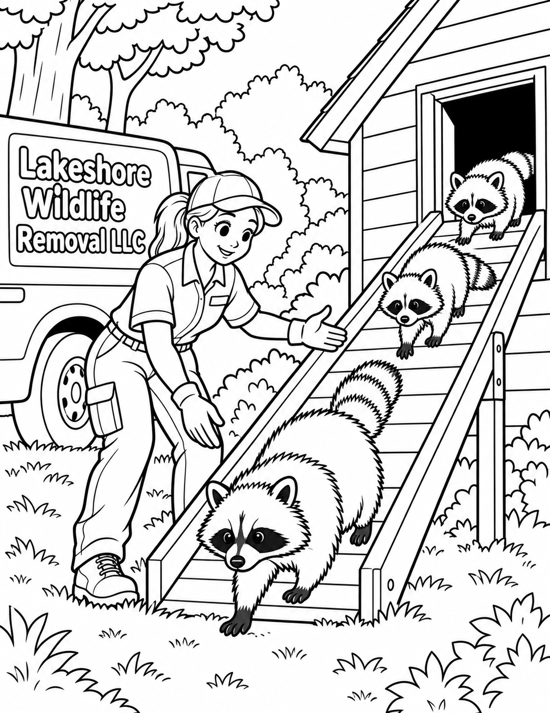 A humane wildlife specialist guides a raccoon family down a broad temporary ramp from an attic opening to a wooded yard.