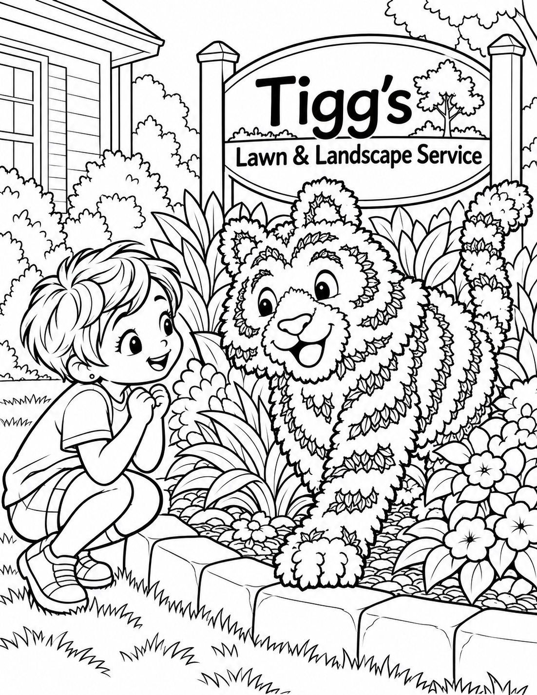 A child discovers a friendly tiger-shaped topiary stepping out from a freshly landscaped garden bed.