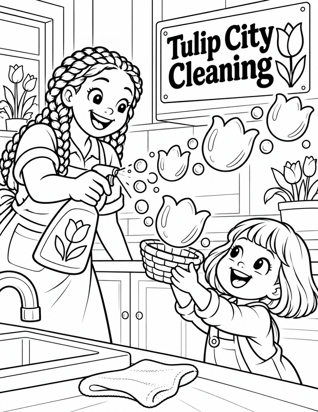 A cleaner sends tulip-shaped soap bubbles across a kitchen while a child catches one in a small open basket.