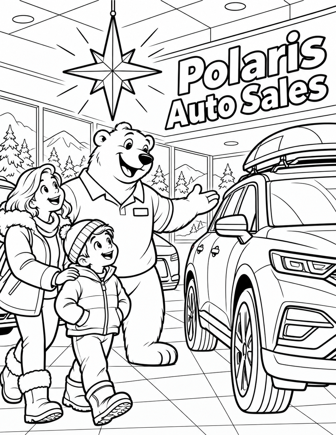 A friendly polar bear salesperson uses a hanging north star to guide a family toward one car ready for a winter trip.