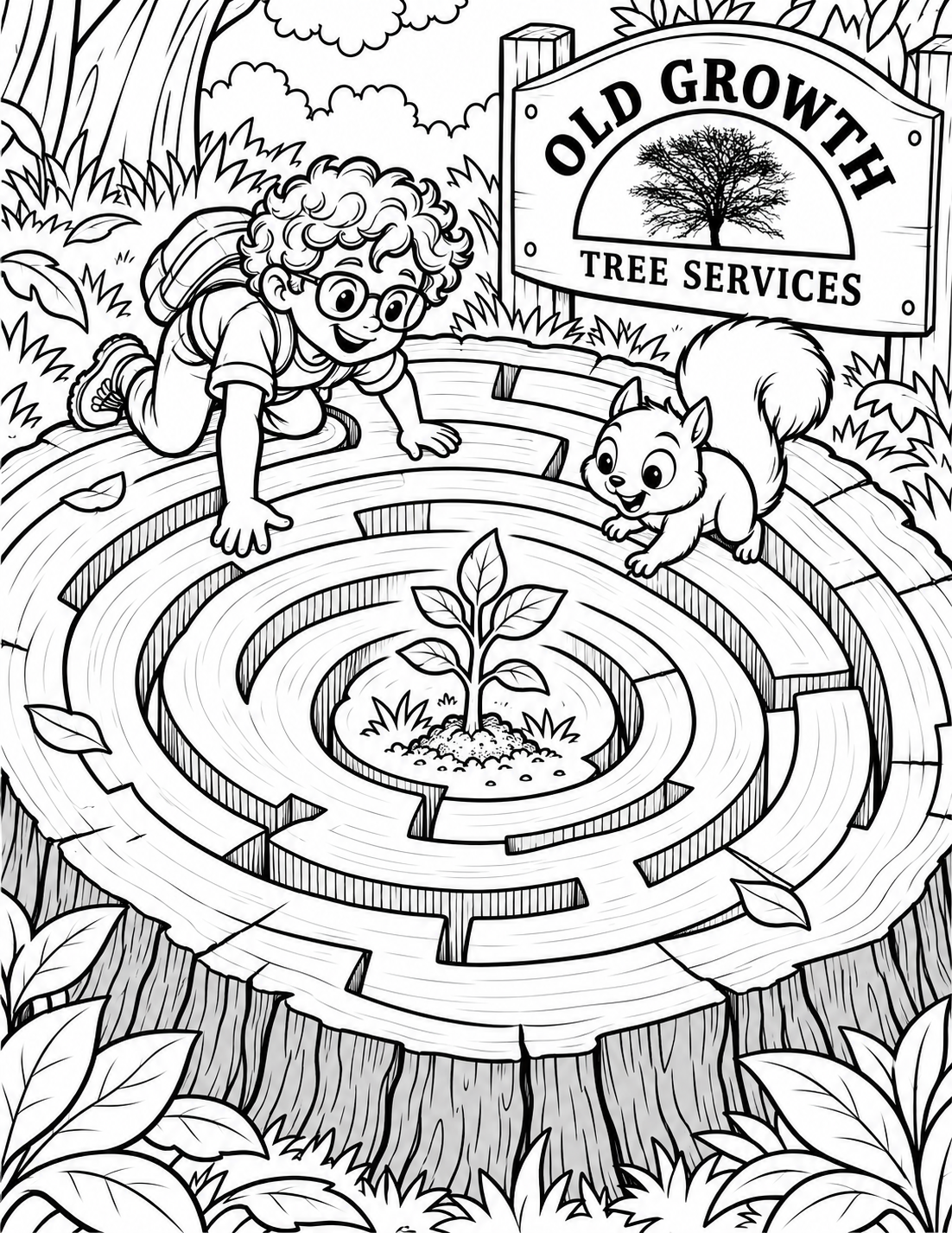 A child explorer and squirrel follow the rings of a giant tree-stump maze toward a newly planted sapling.