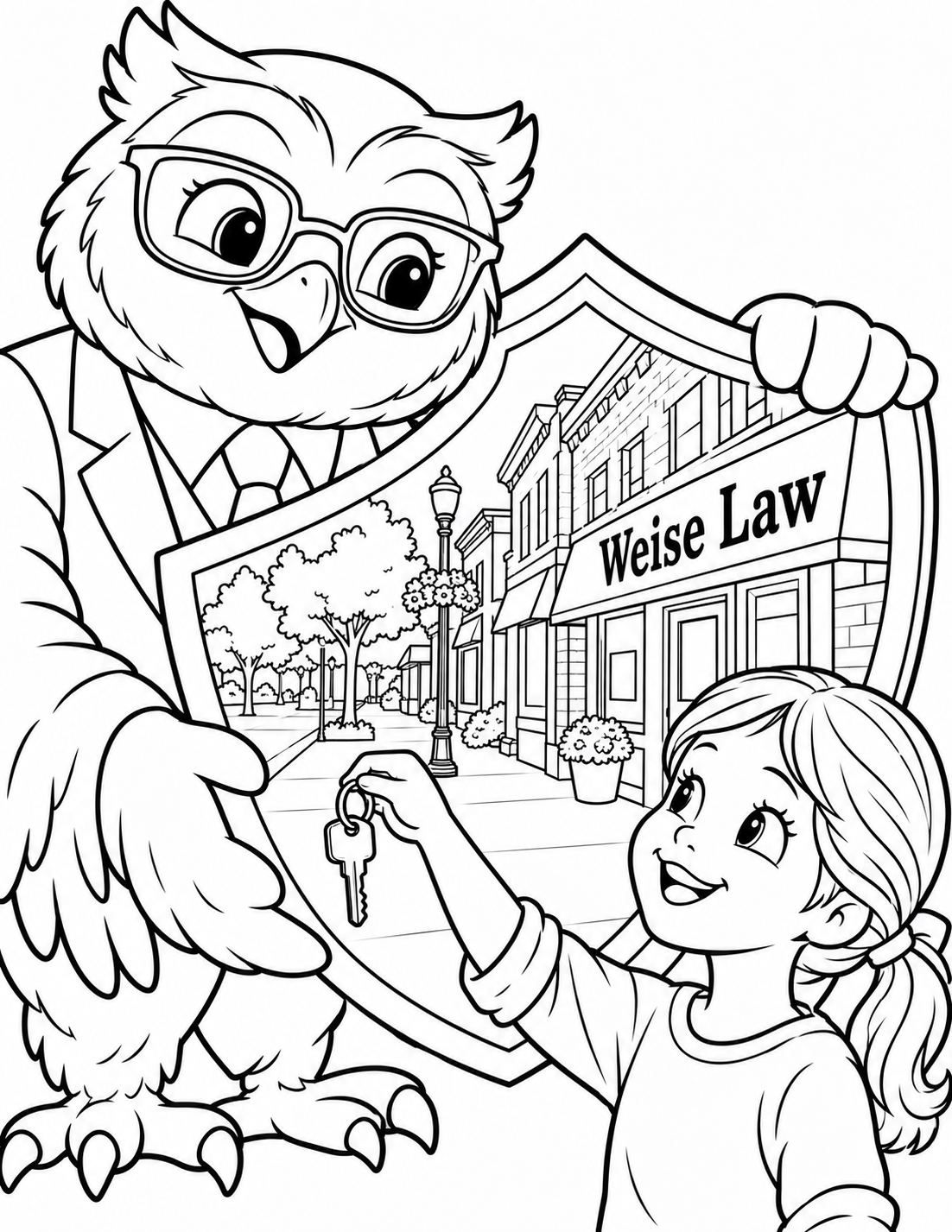 A wise owl attorney holds a broad storybook shield over a miniature Zeeland street while a child returns a lost key.
