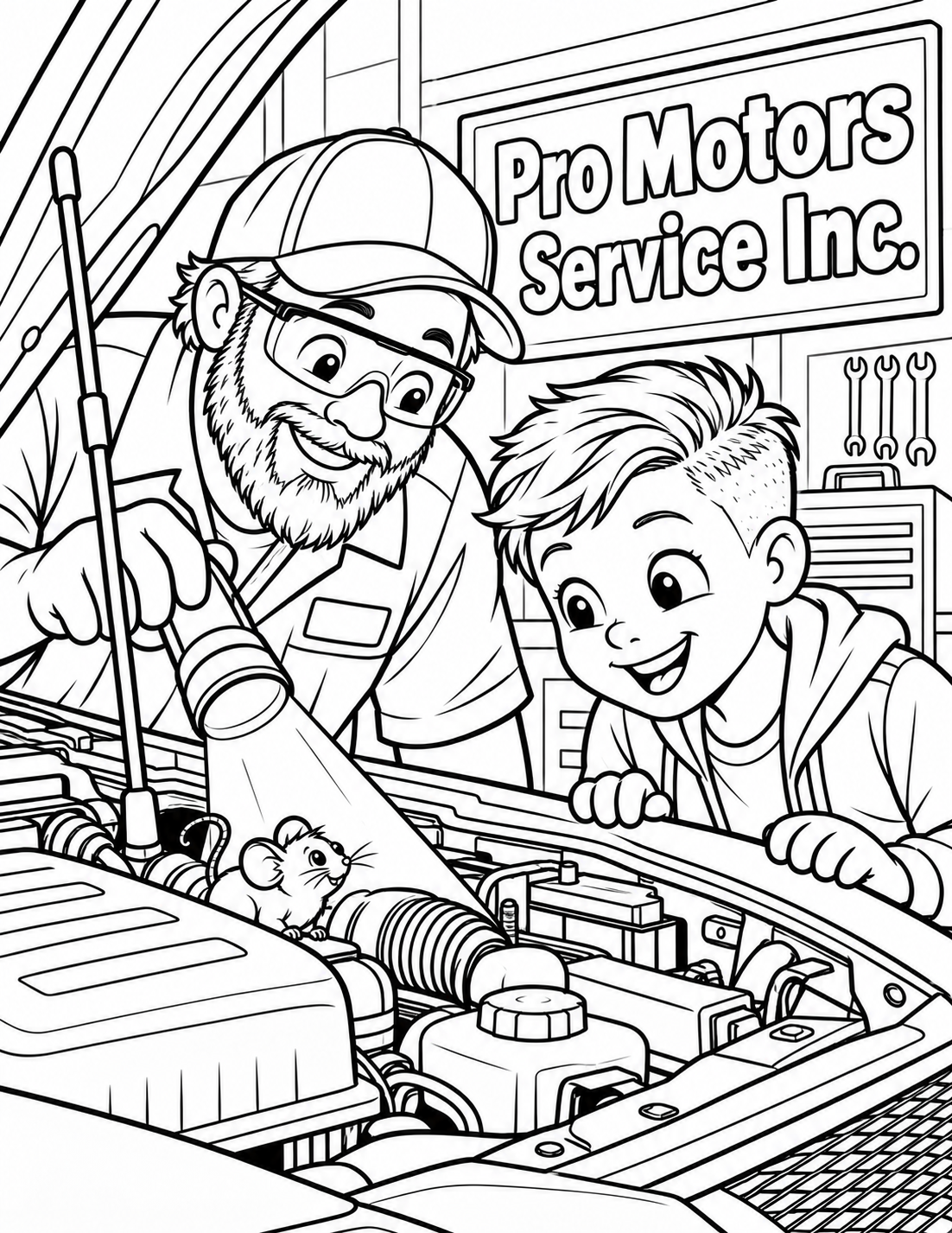 A mechanic and child detective use one flashlight to find a tiny squeaking mouse beside an open car engine.