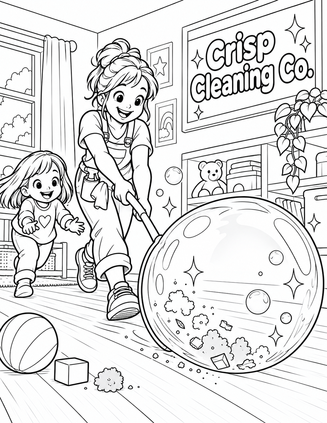 A cleaner rolls one enormous soap bubble across a playroom floor, gathering scattered dust while a child follows its sparkling trail.