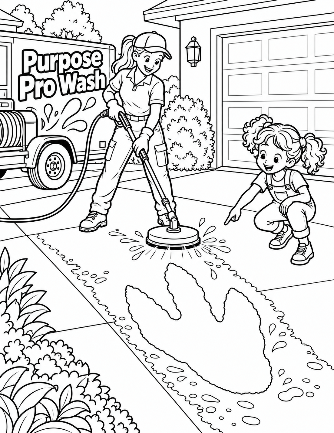 A professional pressure-washes one broad path across a driveway, revealing a giant hidden dinosaur footprint that delights a child.