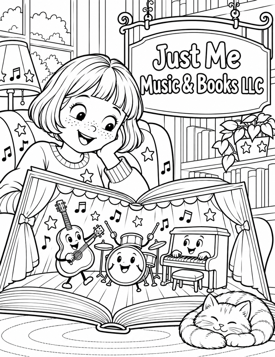 An open book unfolds into a tiny stage where friendly instruments play as a child reads from a cushioned chair.