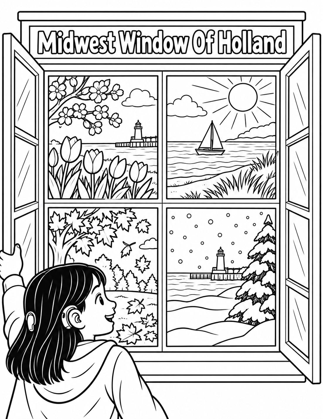 A child opens one giant window whose four panes each reveal a different Michigan season.