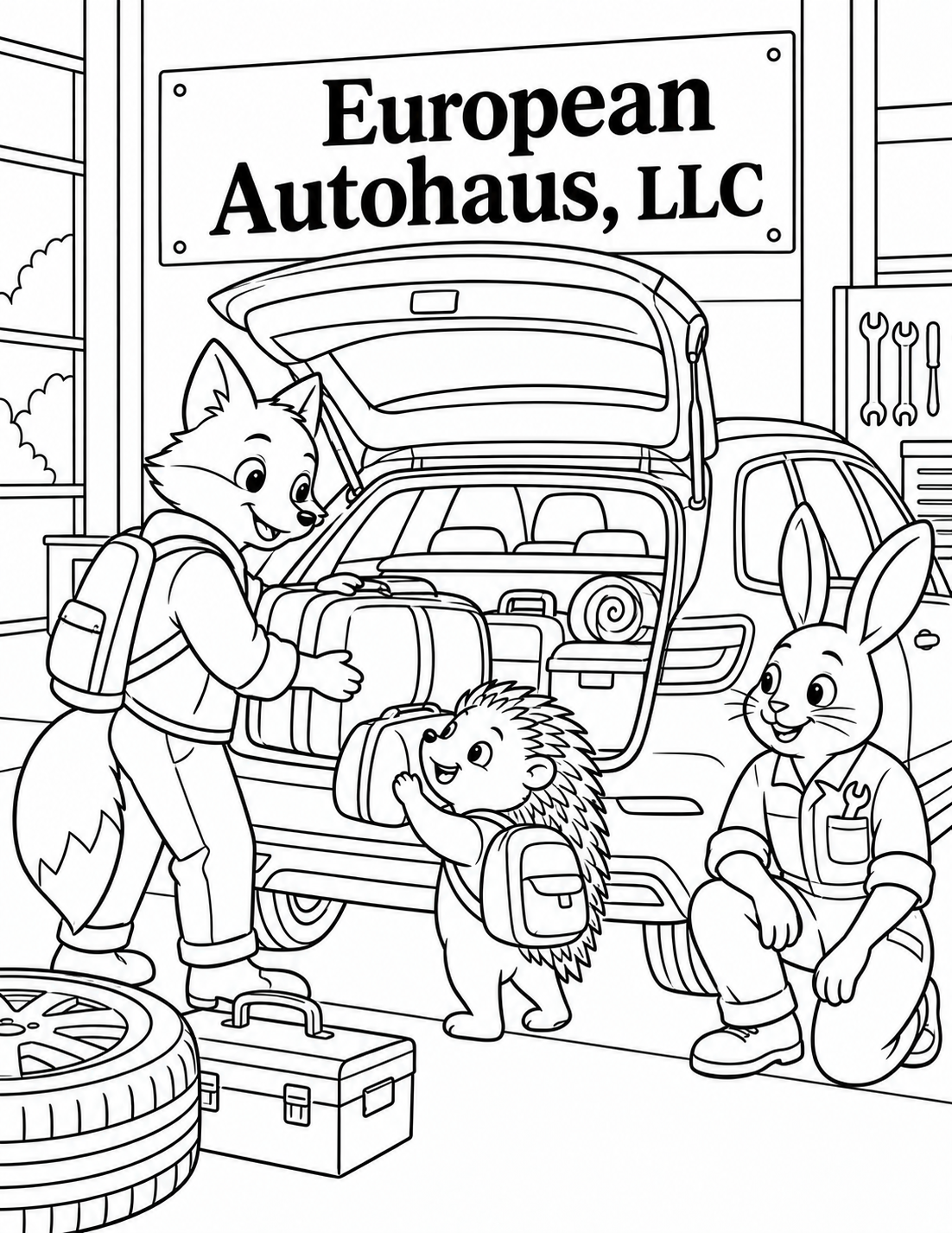 A family of friendly woodland animals packs a compact European-style car for a road trip inside a tidy service bay.