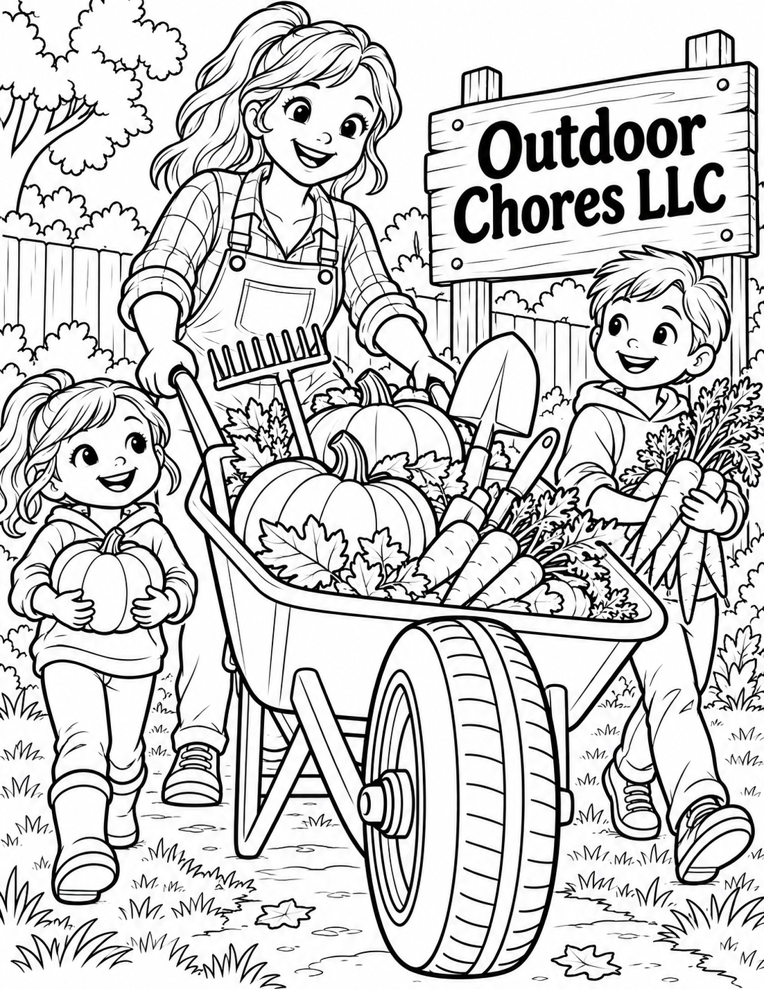 Two siblings ride a giant wheelbarrow through a backyard harvest trail while an adult carefully steers.