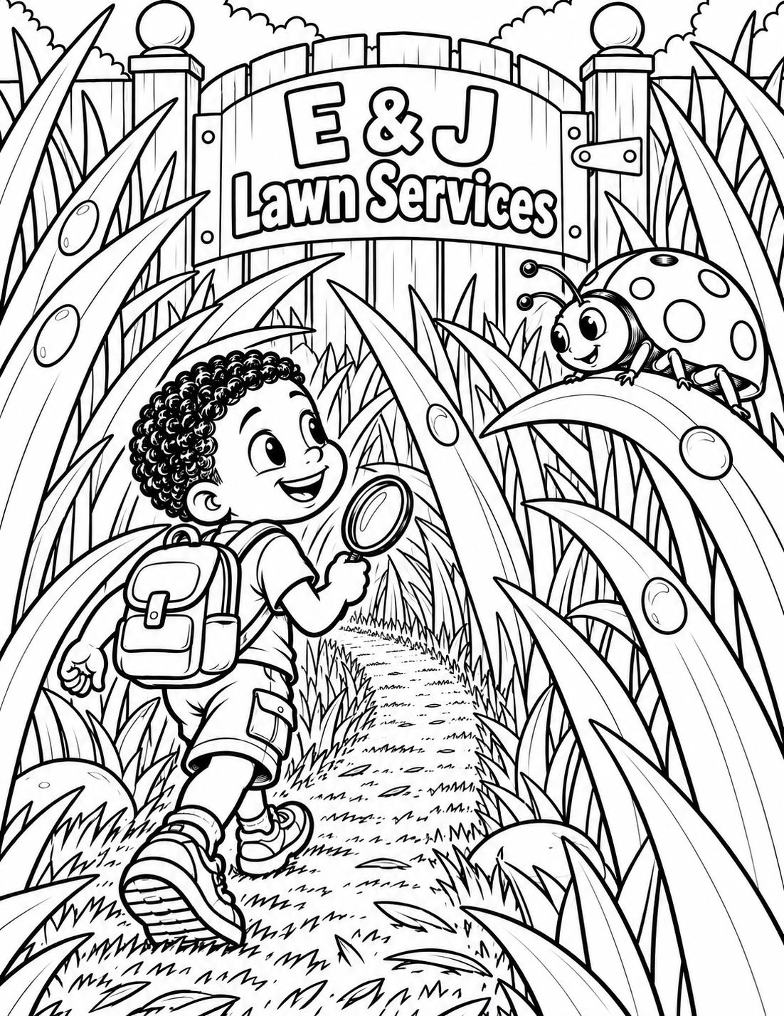 A tiny child explorer follows a freshly cut path through giant blades of grass toward a ladybug lookout.