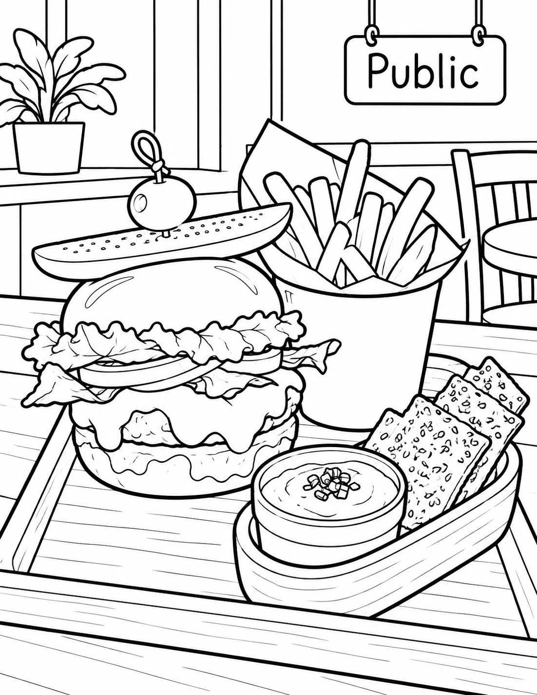 A mug and one source-confirmed café dish sit securely on a broad tray, viewed from just above the rim; generous simple shapes carry the page.