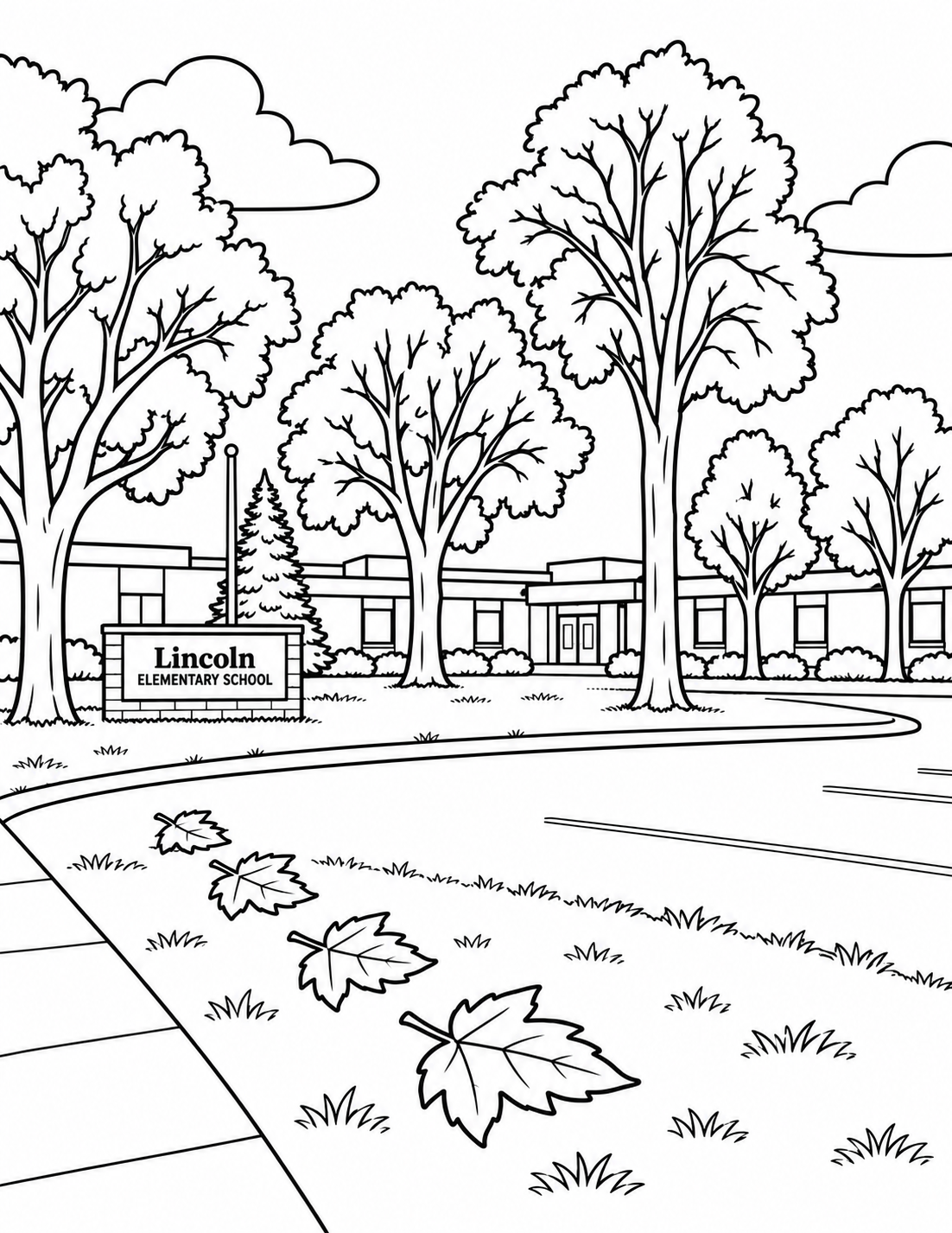 Use the photographed long, low Lincoln Elementary building, mature trees, lawn and driveway sign. A trail of five large autumn leaves crosses the foreground toward the real sign and entrance. Keep every leaf resting on the ground and simplify the distant building into broad readable shapes.