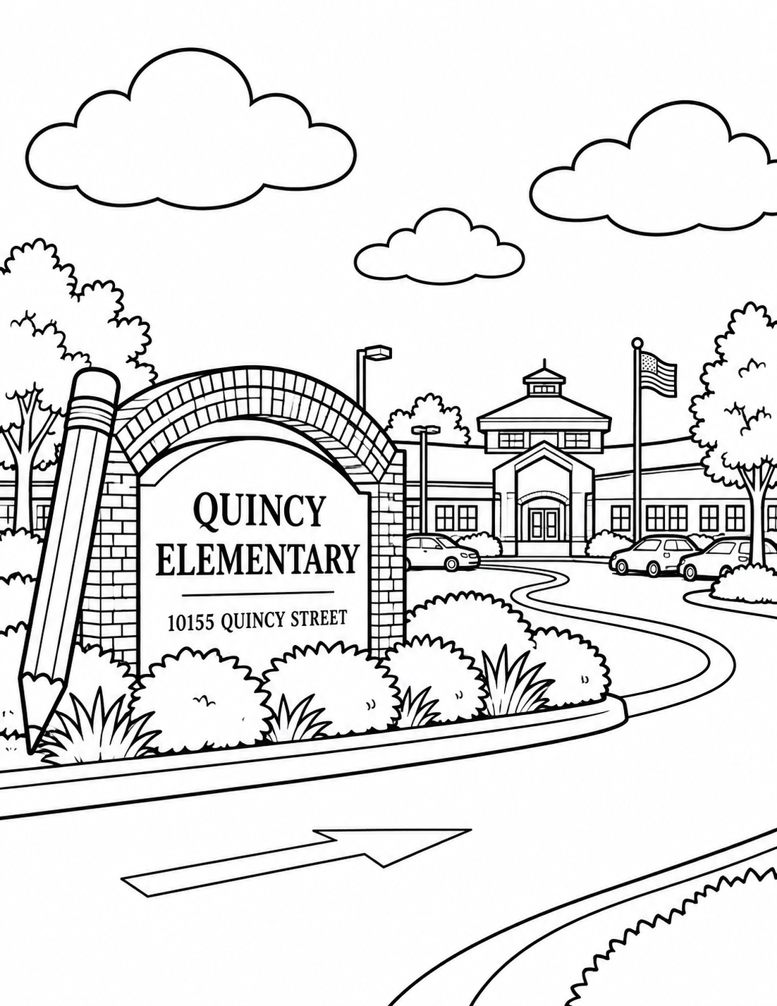 Use the photographed arched Quincy Elementary driveway sign, brick school and cupola-like entry roof. The single gentle fantasy is one oversized pencil leaning safely against the masonry sign with its point on the ground. Keep the pencil straight, the sign supported and the entrance readable behind it.