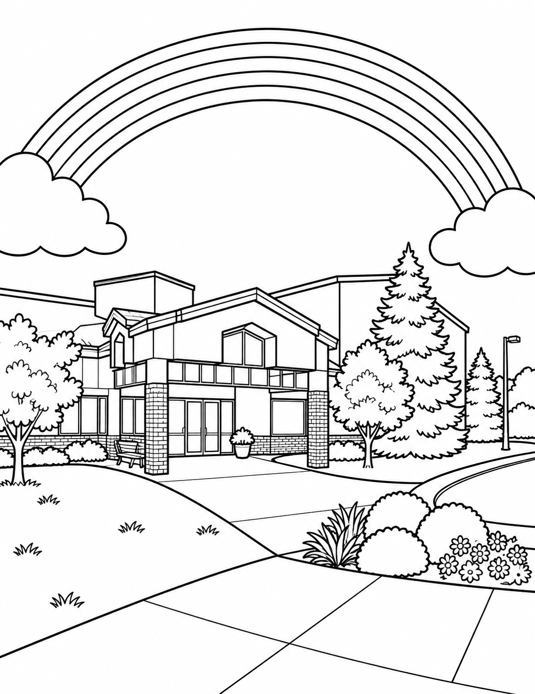 Use the photographed Woodbridge Elementary entrance with peach-toned walls, green trim and brick columns. Preserve the real broad rainbow arcing above the school as the page’s playful focal shape. Keep the sky white, the entrance recognizable and the foreground free of cars and people.