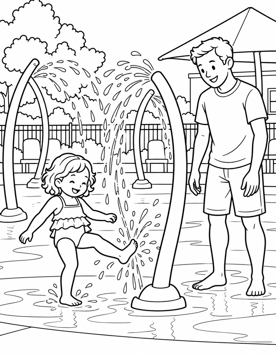 A young child stretches one foot toward a real spray feature while an adult stays nearby; use verified fountain arrangement and season.