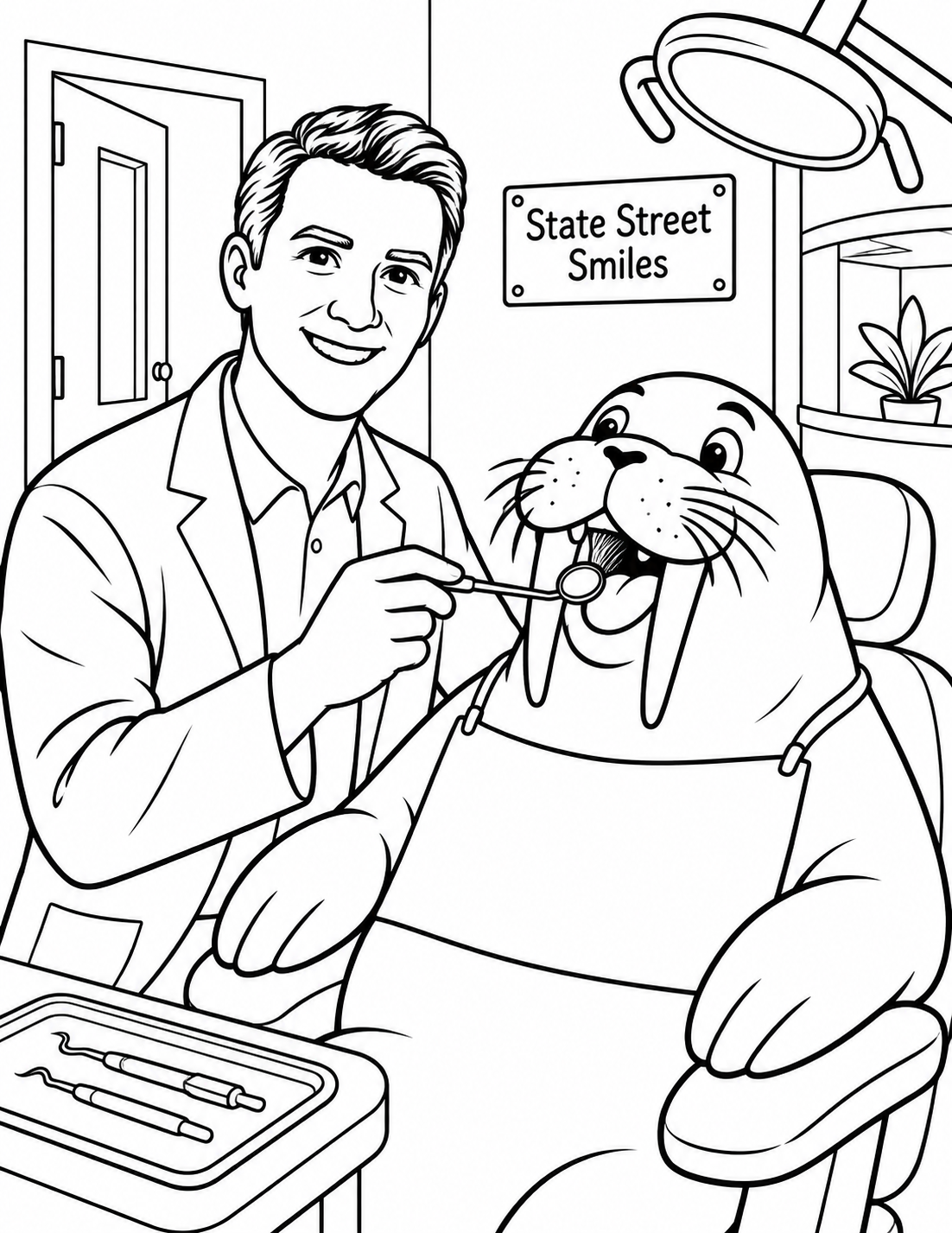 Show Austin Stebbins, DDS, as a friendly simplified owner figure using an oversized dental mirror to inspect the open smile of one clearly imaginary walrus patient. The walrus sits in a simplified dental chair derived from the equipment reference. Keep the animal playful and the dental action gentle; no real child patient appears. Retain only Austin’s broad short swept hair, friendly jaw and smile, and coat shape. Put the exact text "State Street Smiles" once on a small wall plaque.