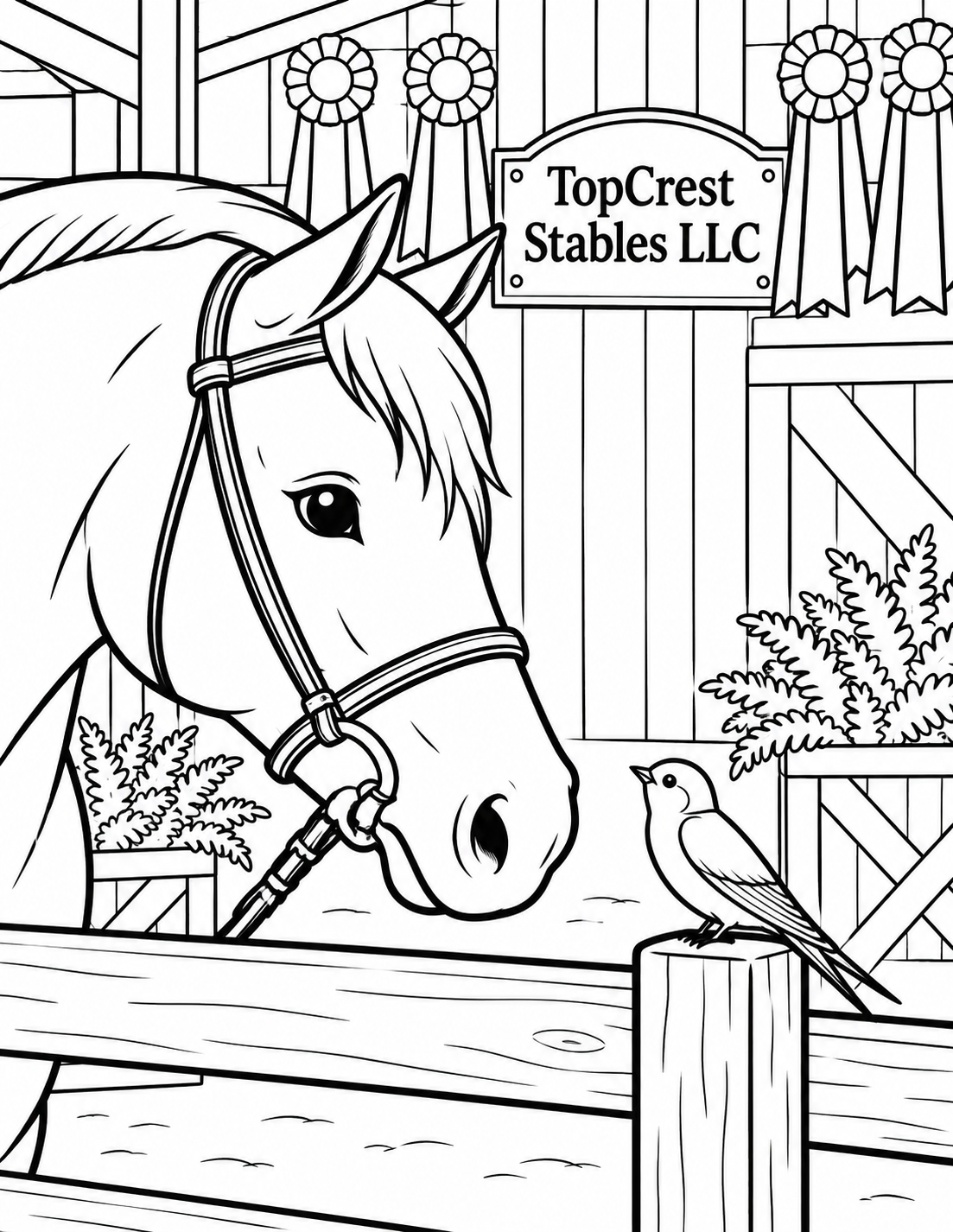 A close portrait of a horse watching a swallow perched on a fence rail; strong head silhouette and sparse mane lines.