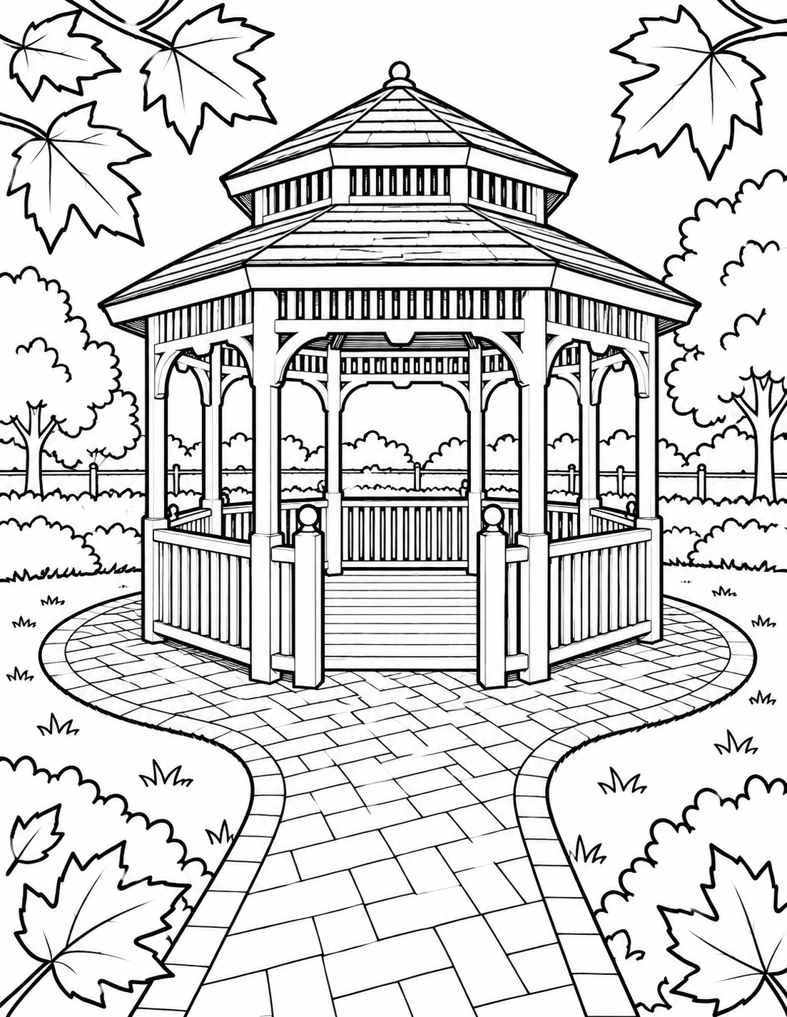 A close view of the verified monument or defining square feature is framed by a few broad autumn leaves.