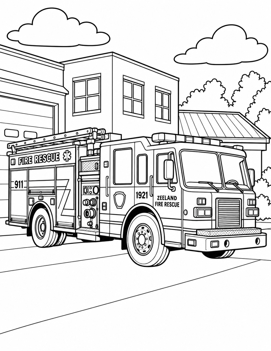 A verified current fire engine is shown from a friendly low angle, with broad tires, cab and connected equipment; no mixed-era apparatus.