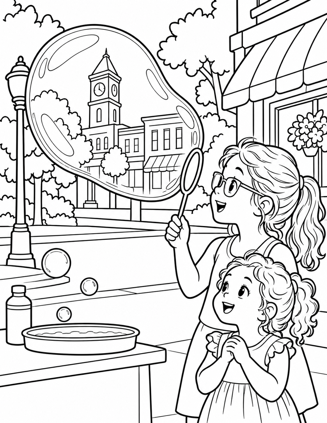 Two children watch one enormous bubble made with a coherent wand; the bubble frames a small verified downtown detail.