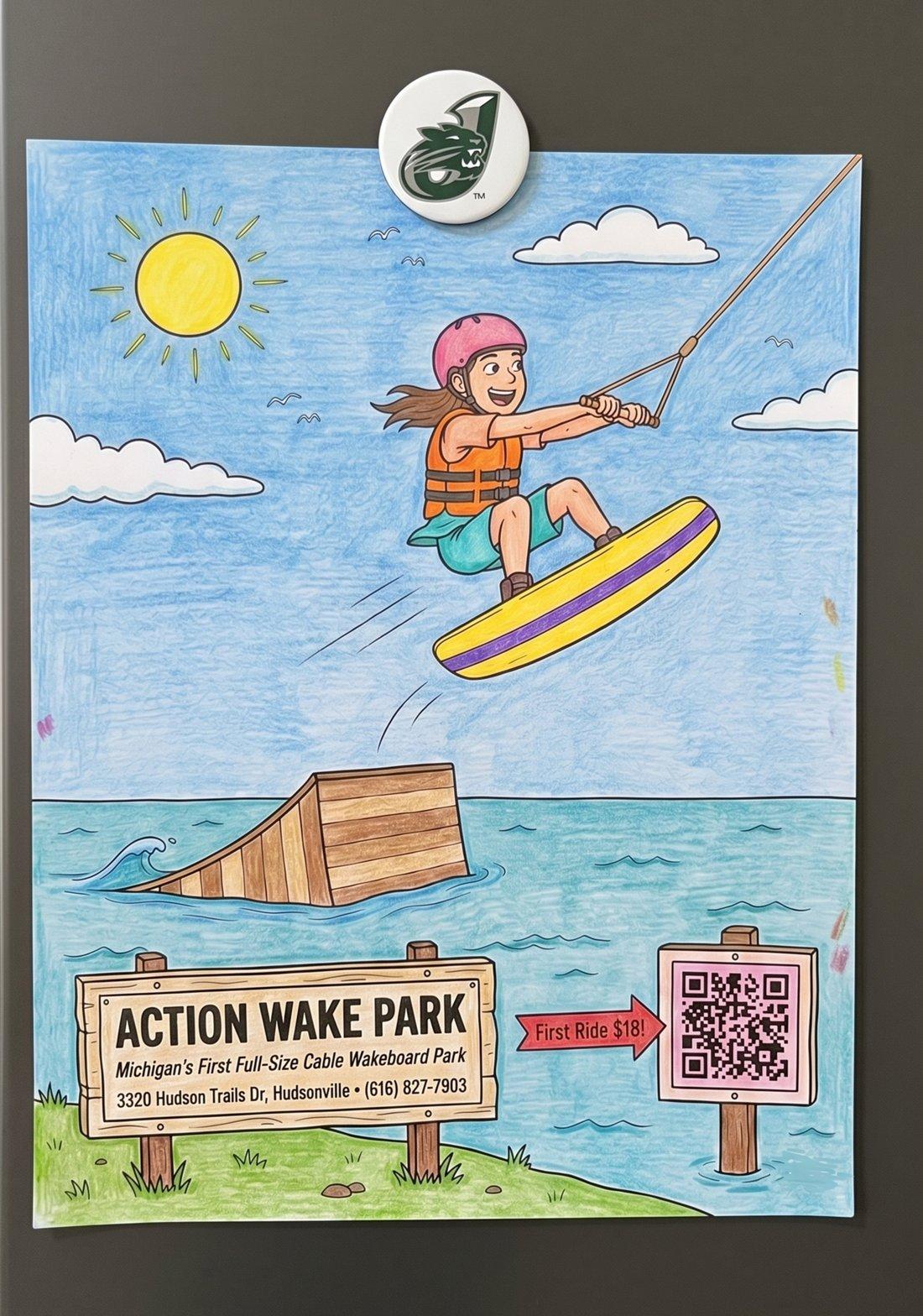 A kid's colored-in Hometown Coloring Book page of Action Wake Park, displayed on a fridge