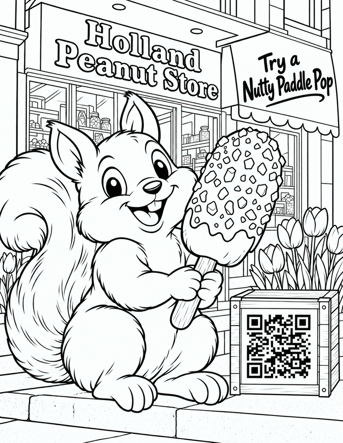 Holland Peanut Store black-and-white coloring-page sample