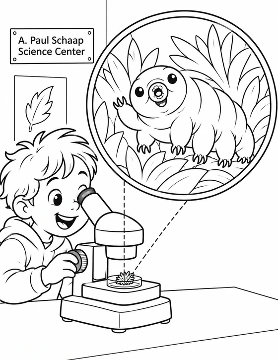A child at a microscope discovers a smiling tardigrade among huge moss leaves in a single large circular magnified view.