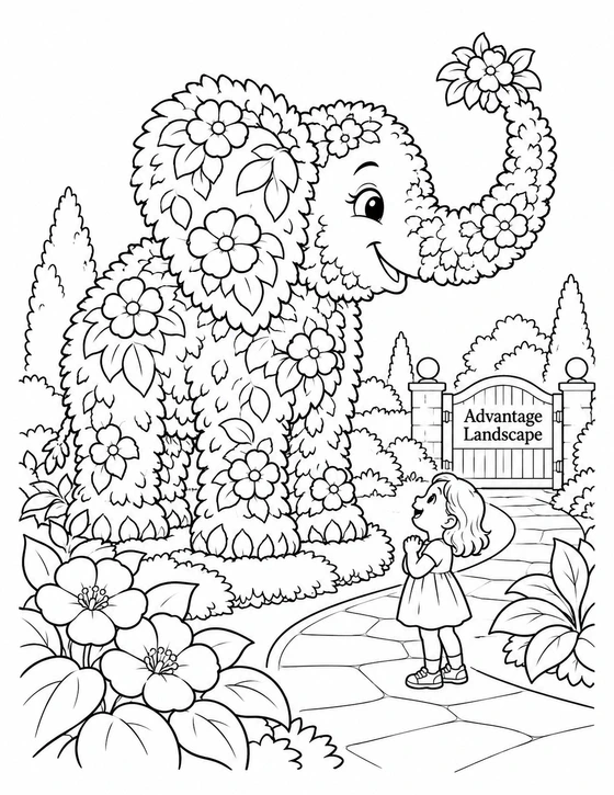 A magnificent elephant-shaped flowering topiary raises its leafy trunk over a small child on a carefully curved garden path.
