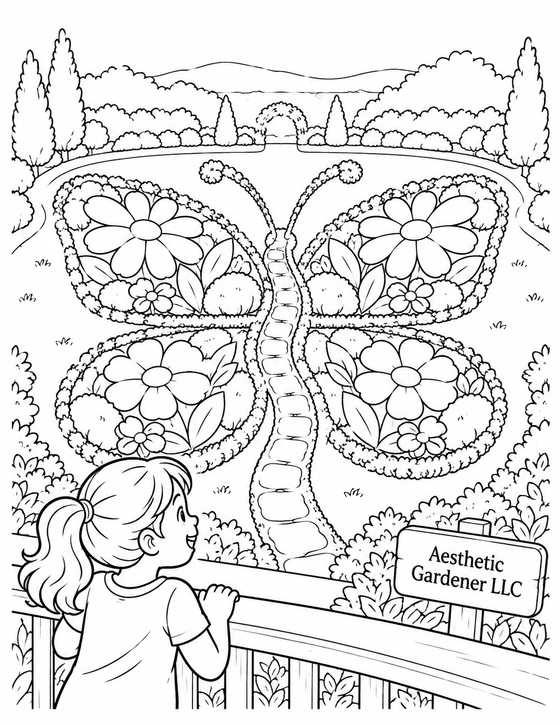 From a small overlook, a child discovers that the curved flower beds below form the wings of one enormous butterfly-shaped garden.