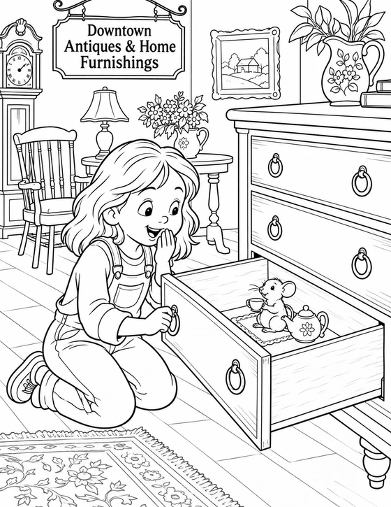 A child opens a solid wooden dresser drawer and discovers a tiny mouse tea party tucked inside; the drawer stays attached and visibly open.