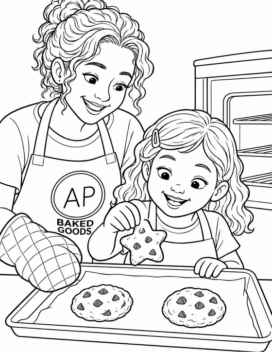 A girl lifts a star-shaped chocolate-chip cookie from a tray beside a baker wearing an AP Baked Goods apron.