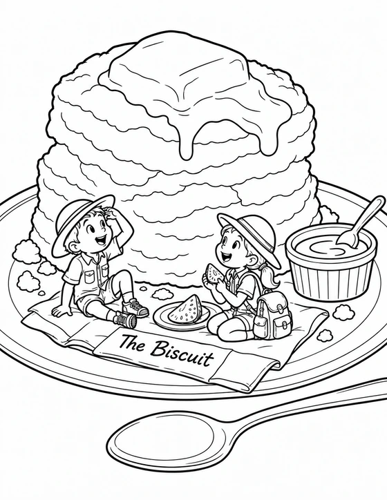 Two tiny explorers picnic with melon slices beside a towering buttered biscuit on a plate at The Biscuit.