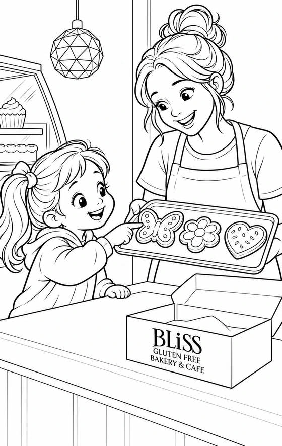 A young child chooses a butterfly cookie at Bliss Bakery.