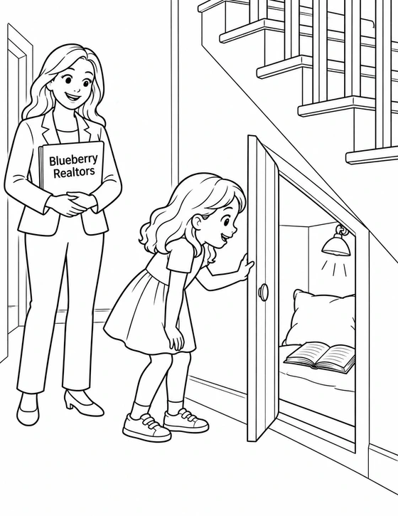 During an imagined home tour, a child opens a small door beneath the stairs and discovers a snug reading nook inside.