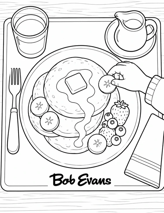 A child places the last banana slice beside a stack of pancakes topped with butter and syrup. Berries, a small pitcher and a water glass complete the breakfast setting, with Bob Evans along the placemat.