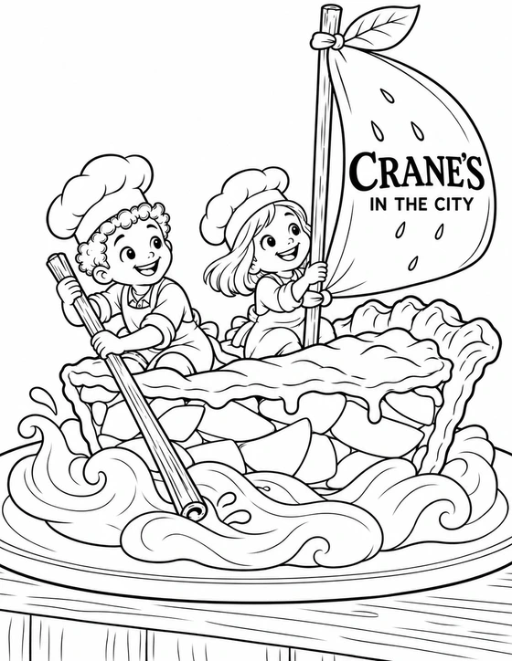 Two tiny bakers sail a slice of apple pie through a creamy sea under a Crane’s in the City sail.