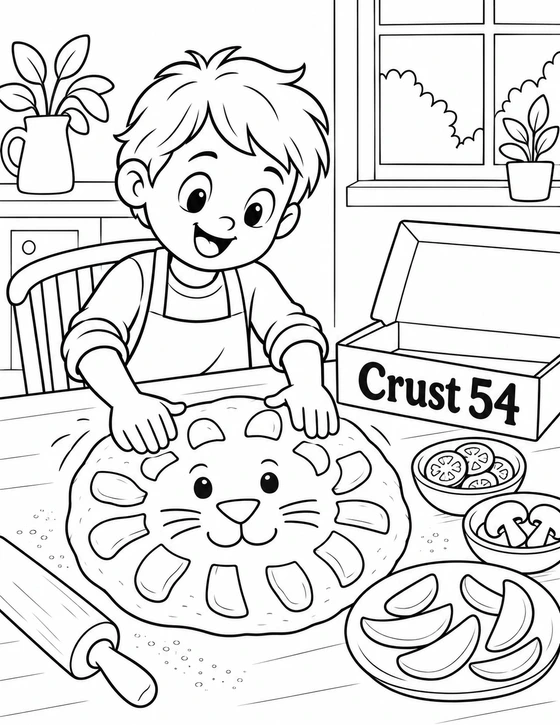 At a family kitchen table, a child uses a Crust 54 take-home pizza kit to shape one broad dough round into a friendly lion face.